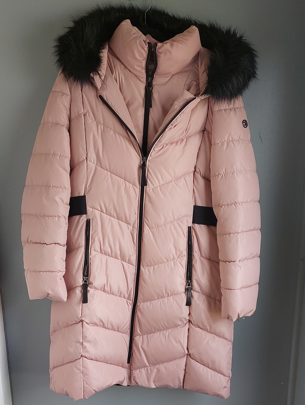 Calvin Klein Blush Pink Long Puffer Coat with Faux Fur Trim